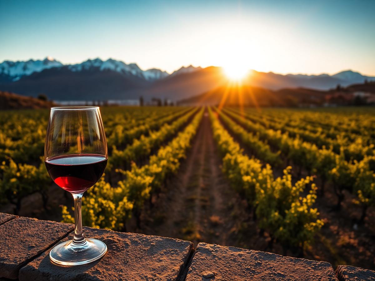 Chilean vineyard rows at golden hour with the Andes behind