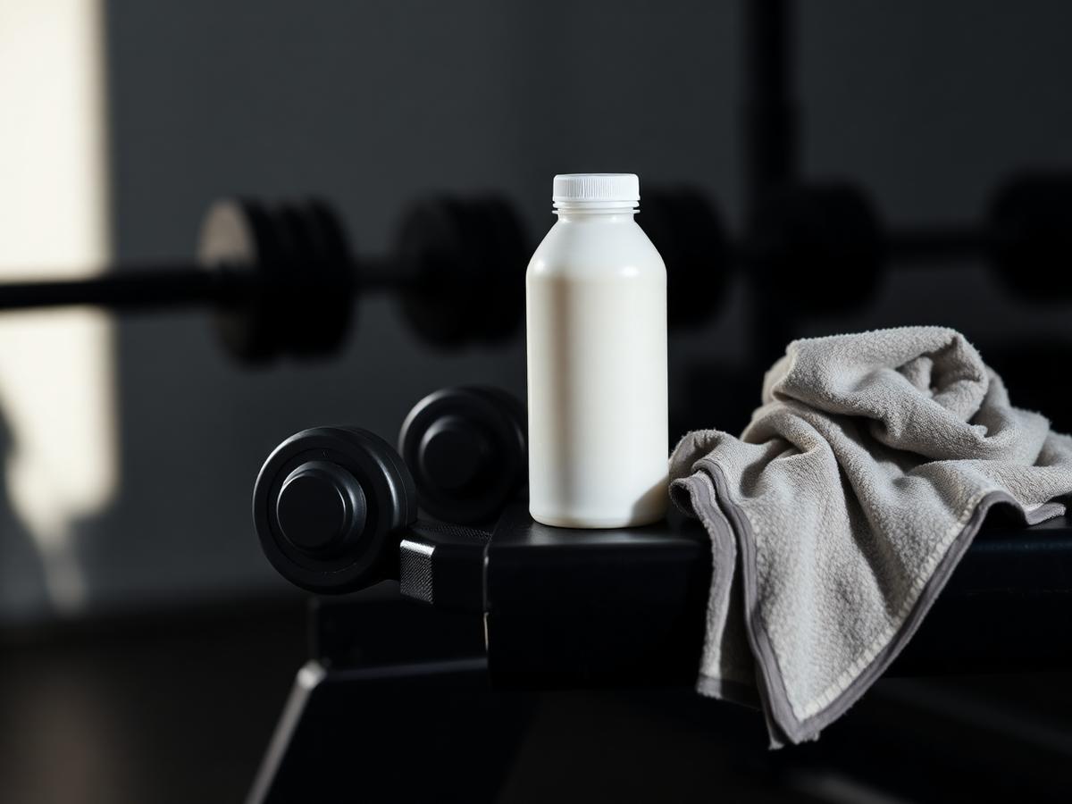 Unlabelled protein recovery bottle on a gym bench beside dumbbells