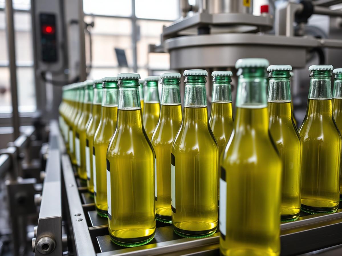 Glass bottles moving along a stainless steel bottling line