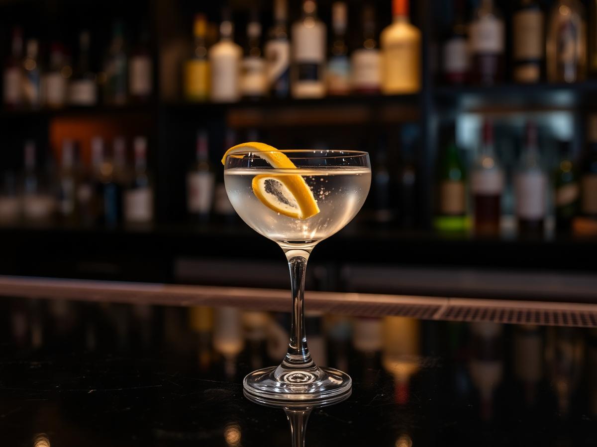 Zero proof cocktail in a coupe glass on a dark bar top