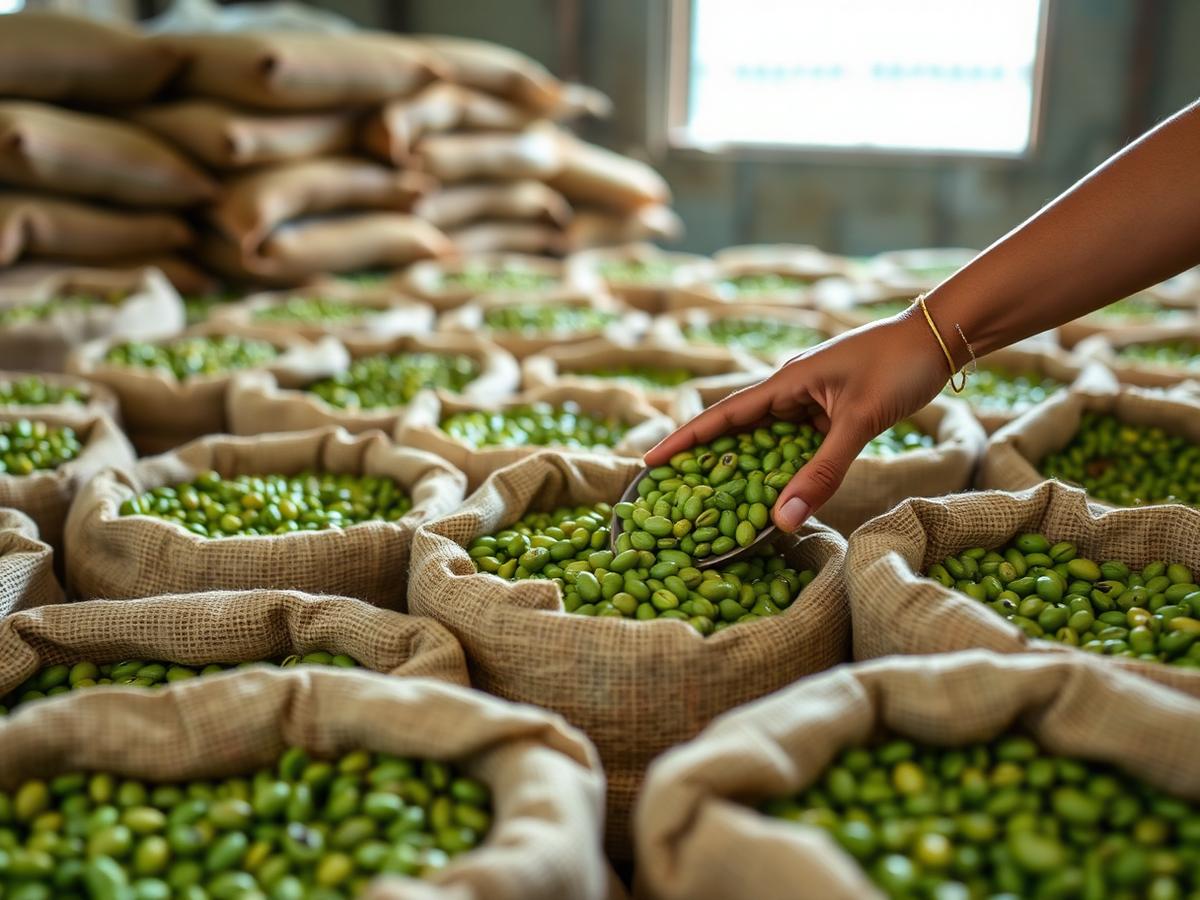 Green coffee beans in burlap sacks at an export warehouse