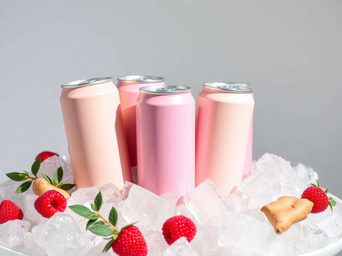 Unlabelled pastel drink cans on crushed ice with berries and ginger