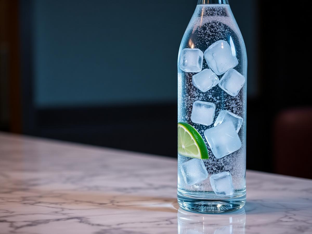 Sparkling mineral water bottle with ice and lime on a marble bar