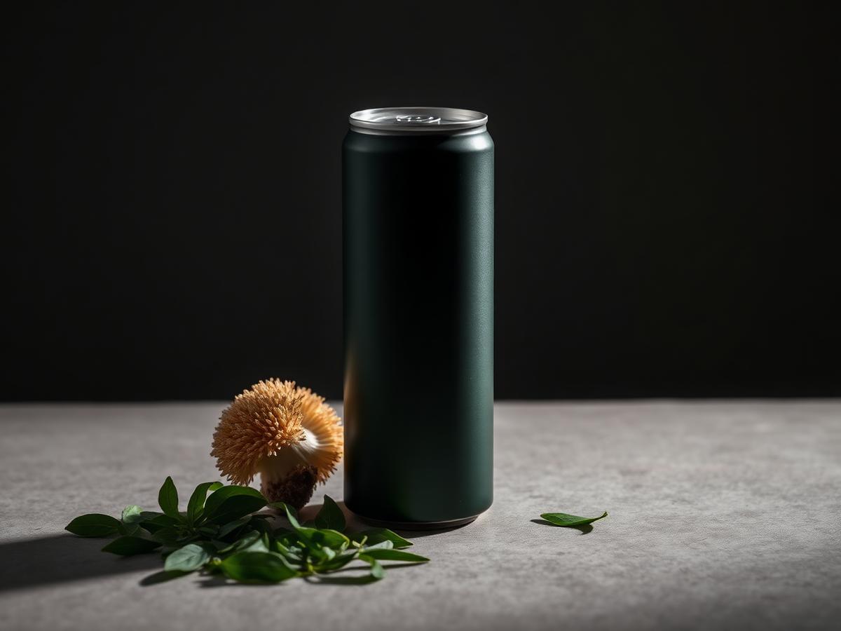 Unlabelled functional focus drink can with lion's mane mushroom