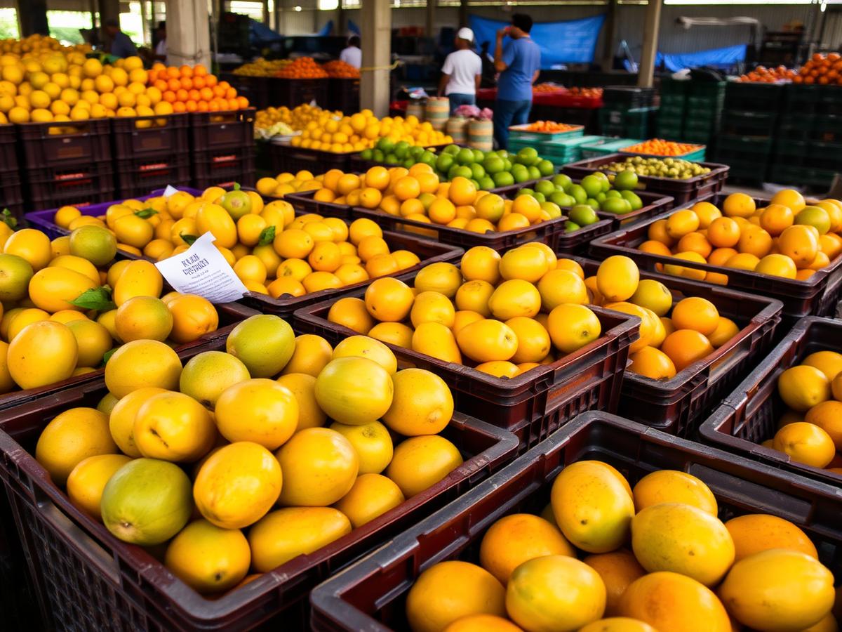 Crates of freshly harvested tropical fruit at a packing facility