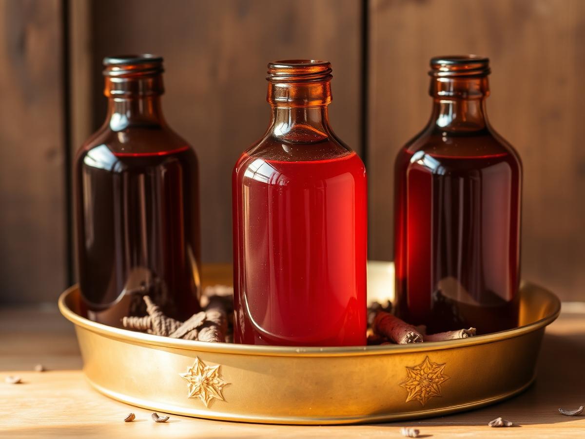 Unlabelled amber bottles of botanical tonic with dried roots and herbs