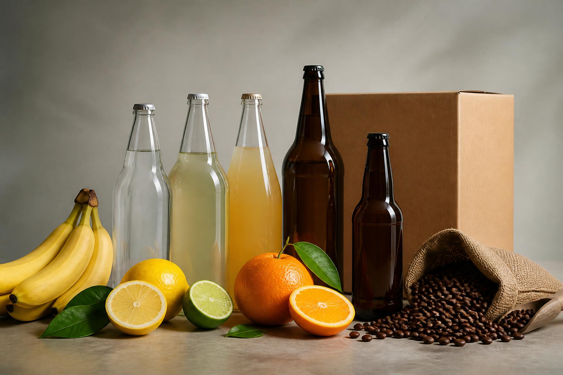 Bottled beverages, fresh produce and export cartons arranged in a studio