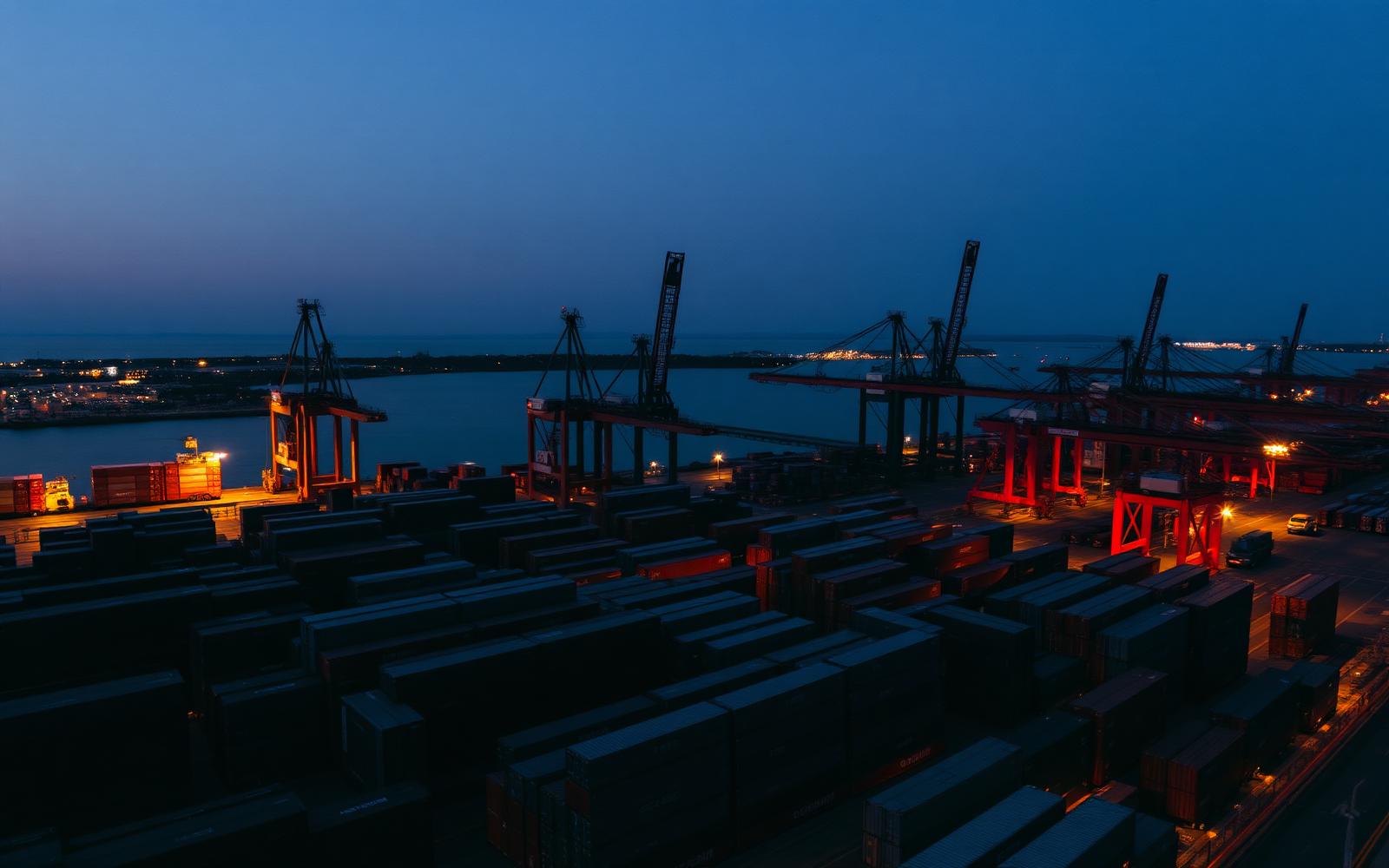 Container terminal at dusk with cranes and stacked containers